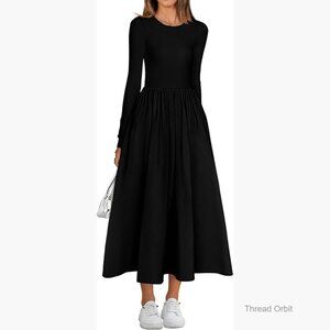 Long Sleeve Midi Dress A-Line High Waist Pockets Wedding Guest Casual